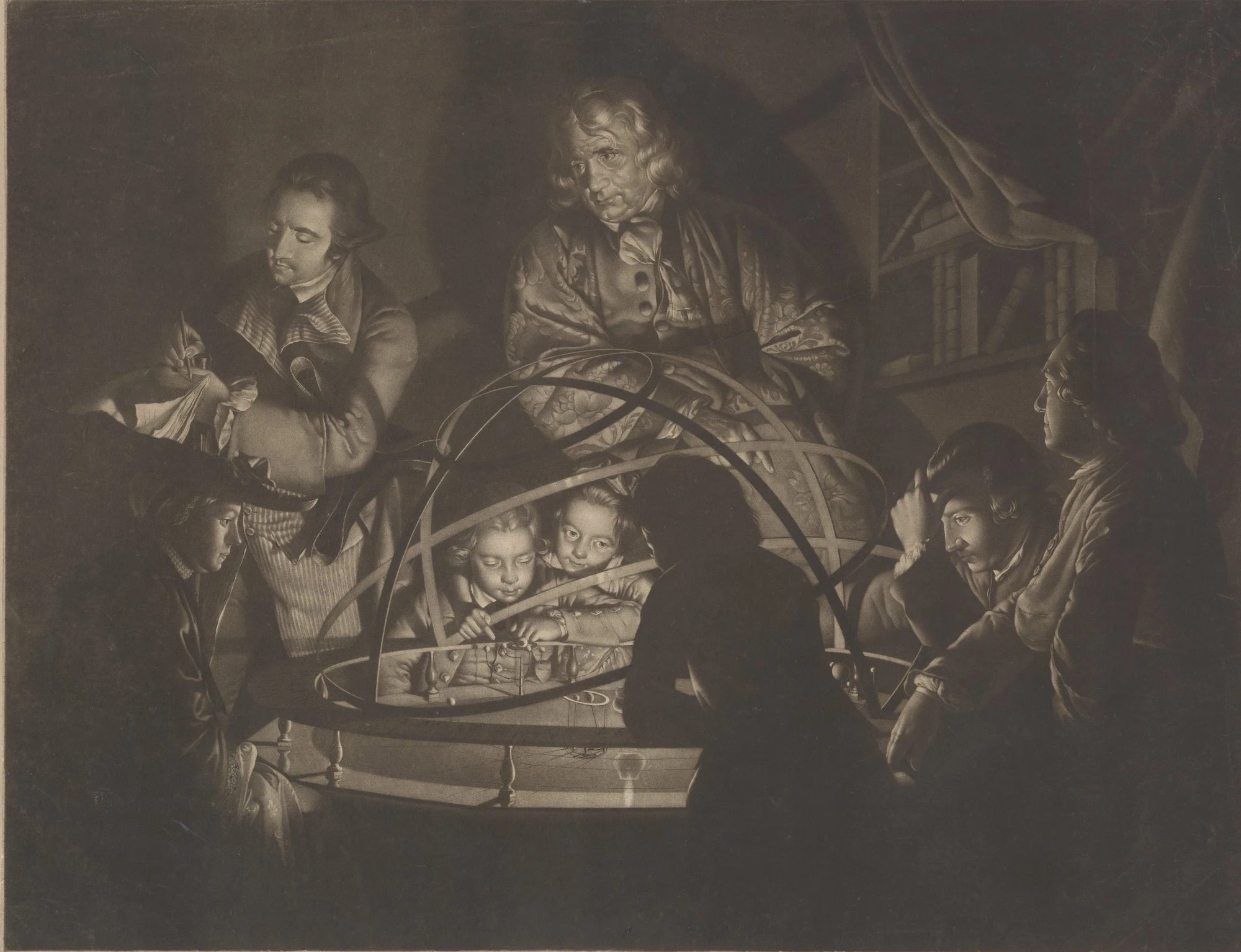 People gathered around an illuminated model of the solar system, in William Pether’s 1768 print after Joseph Wright of Derby